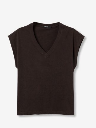 camiseta-mujer-Marrón-escote-v-algodón-primavera