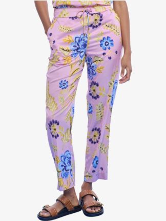 pantalón-mujer-Flores-rosas-azules-cinturilla-ajustable-verano