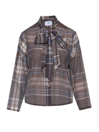 camisa-fina-mujer-cuadros-marrón-Azul-lazada-cuello