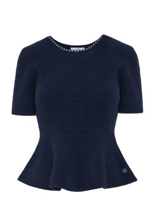 mujer-otoño-moda-elegante-jersey-Marino-manga-corta